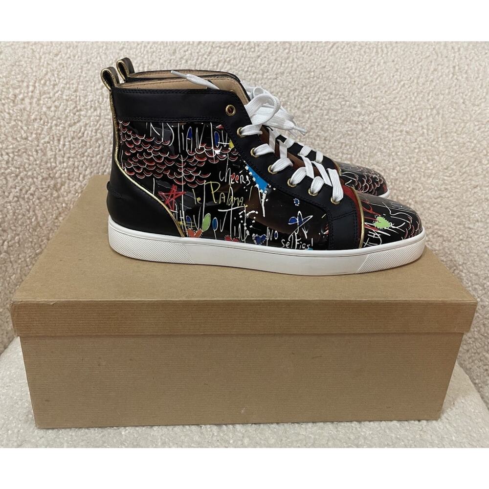 Christian Louboutin Louis Junior Graffiti Black Leather High Top Sneakers 44